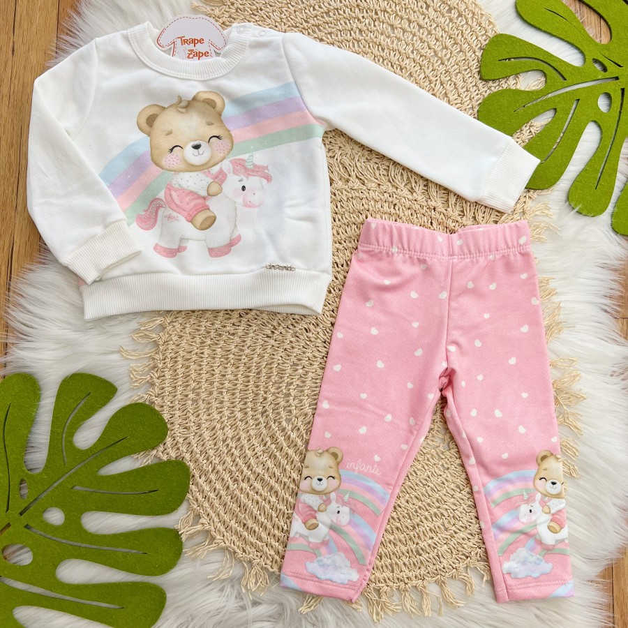 Conj. Casaco Ursinha com Unicórnio e Calça Legging - Off White e Rosa